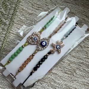 Black, Green and champagne Evil Eye Beaded Bracelet Set of 3